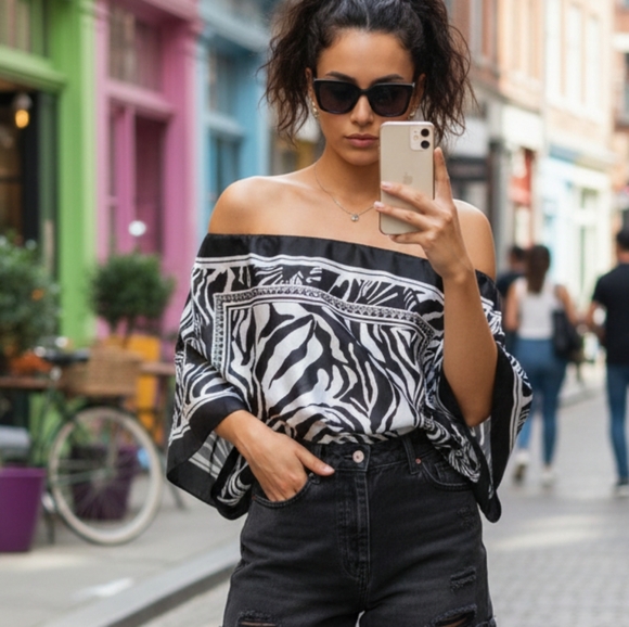 Tops - Scarf shirt/dress black and white animal stripe